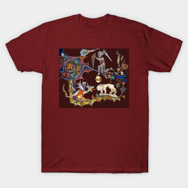 WEIRD BESTIARY,MEDIEVAL KNIGHT FIGHTING SNAIL,DRAGON AND LION IN RED BROWN T-Shirt by BulganLumini